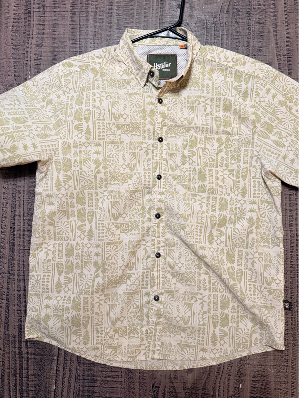 Howler Brothers Short Sleeve Cream Shirt with Olive Graphic Print